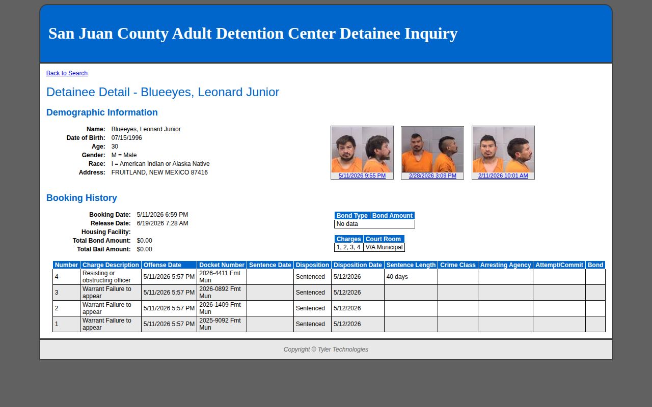 San Juan County 24-hour release record showing a past booking history